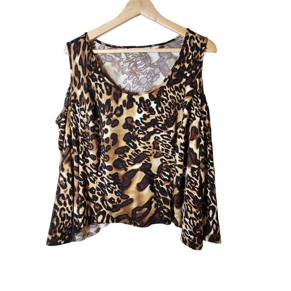 SUSAN GRAVER Cropped Animal Print Cold Shoulder Long Sleeve Top SZ 1X - Picture 1 of 5